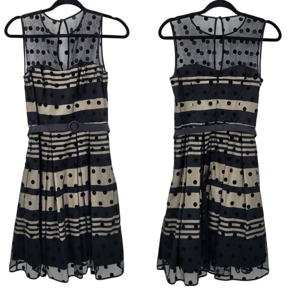 Eliza J Illusion Dot Charmeuse Fit & Flare Dress Sz 6 Black Retro 60s Party - Picture 1 of 13
